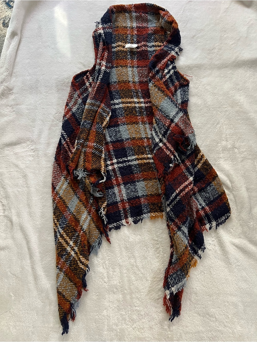 Rare Editions Plaid Hooded Fringe Poncho in Rust, Navy & Gray